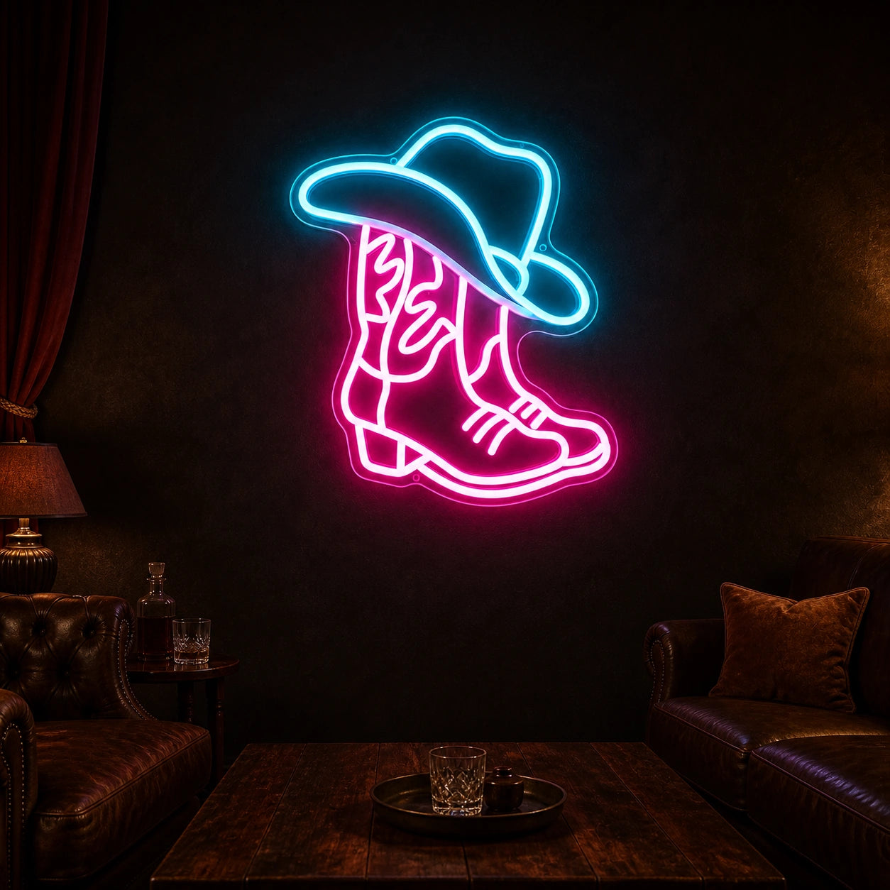 Cowboy Hat Over Pair Of Boots Vintage LED Neon Sign size image