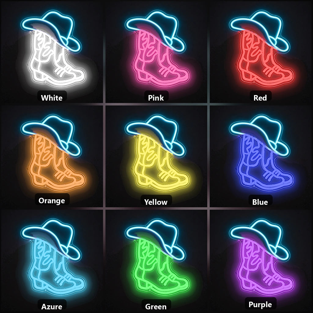 Cowboy Hat Over Pair Of Boots Vintage LED Neon Sign color grid