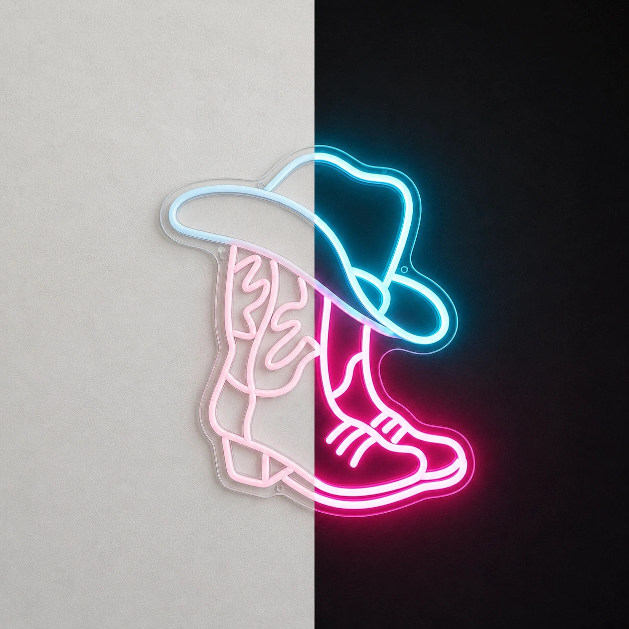Cowboy Hat Over Pair Of Boots Vintage LED Neon Sign day and night comparison