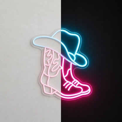 Cowboy Hat Over Pair Of Boots Vintage LED Neon Sign day and night comparison