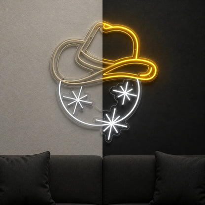 Cowboy Hat Sparkle Stars Vintage LED Neon Sign day and night comparison