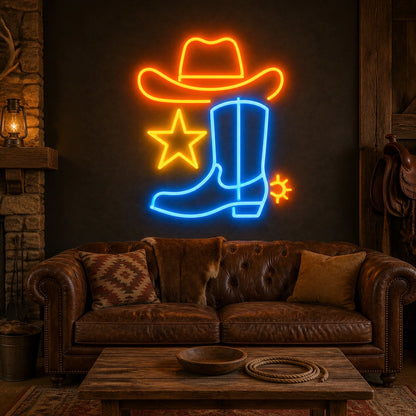 Cowboy Hat Star Boot Spur Vintage LED Neon Sign real lifestyle scene