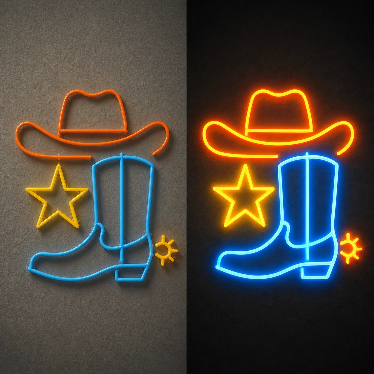 Cowboy Hat Star Boot Spur Vintage LED Neon Sign day and night comparison
