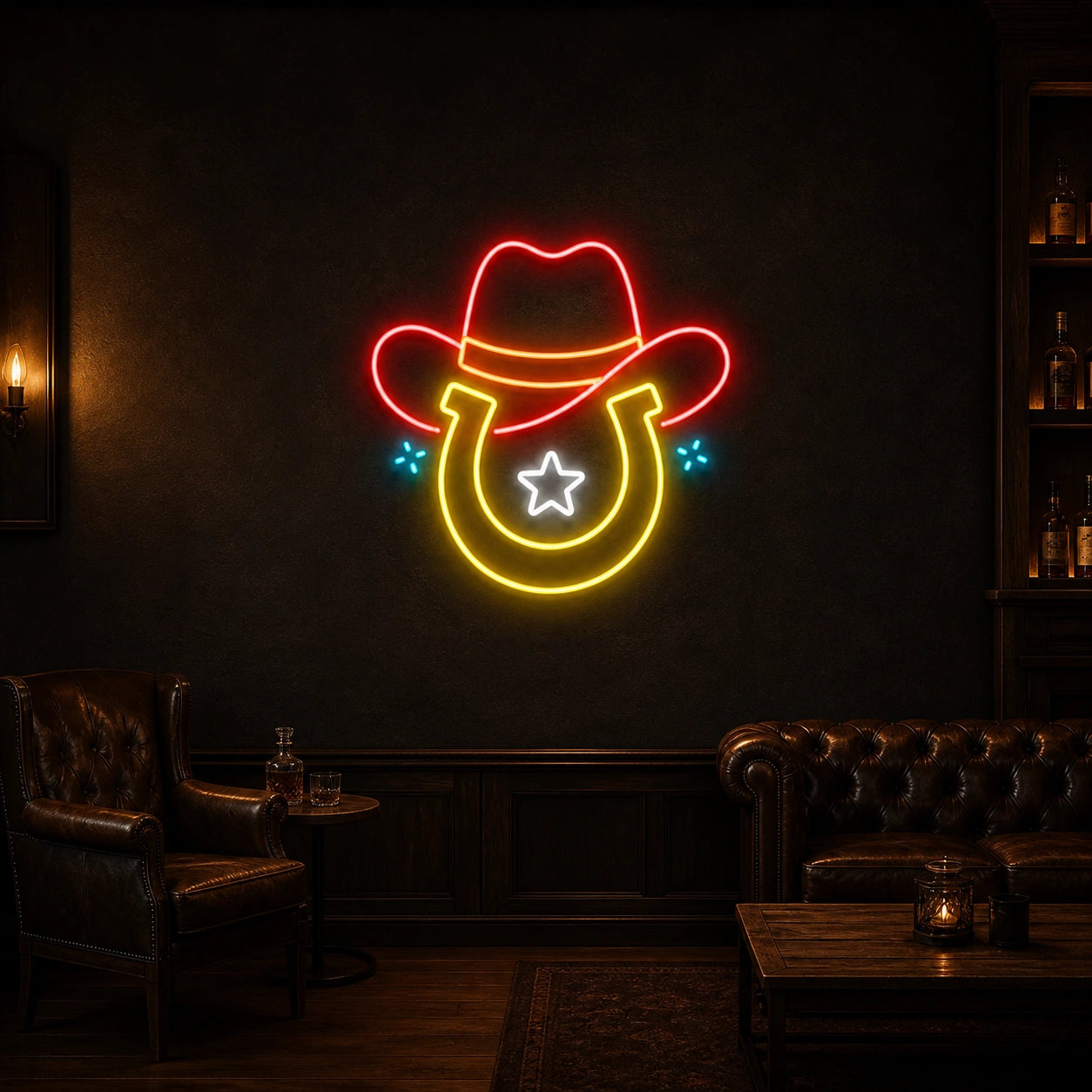 Cowboy Hat Star Horseshoe Vintage LED Neon Sign size image