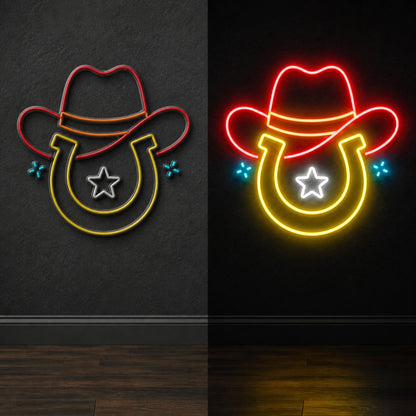 Cowboy Hat Star Horseshoe Vintage LED Neon Sign day and night comparison