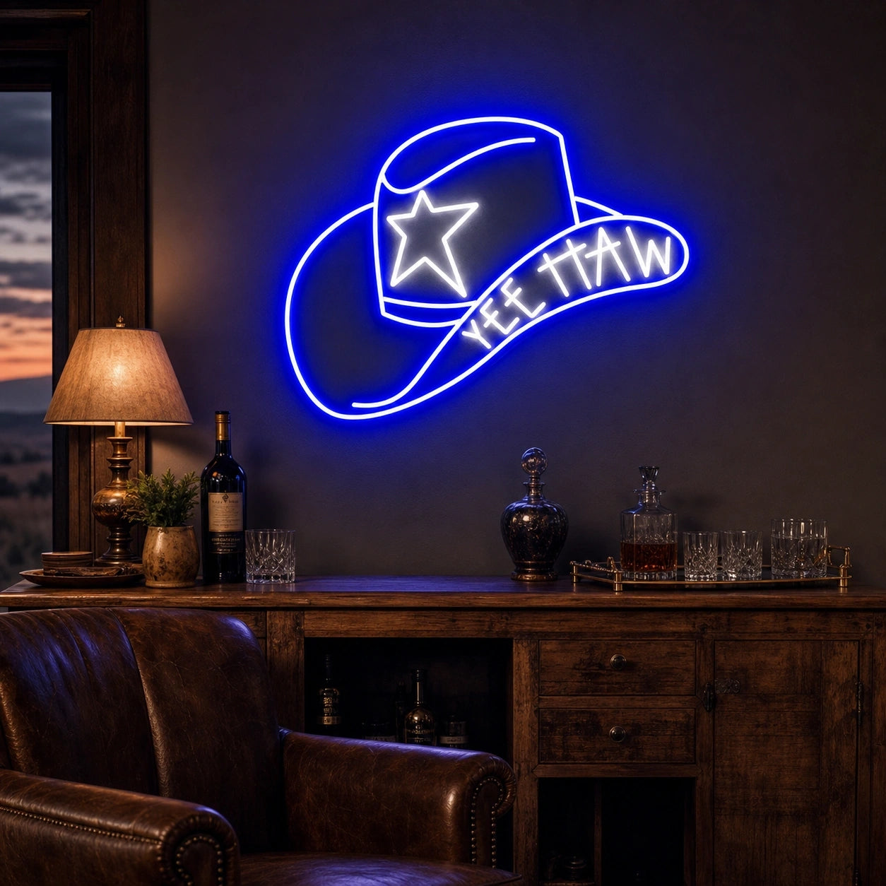 Cowboy Hat With Yee Haw LED Neon Sign Home Garage Wall Decoration real lifestyle scene