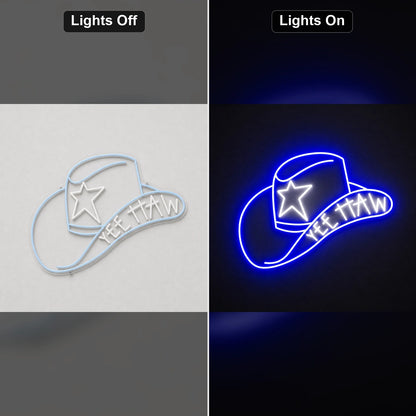 Cowboy Hat With Yee Haw LED Neon Sign Home Garage Wall Decoration day and night comparison