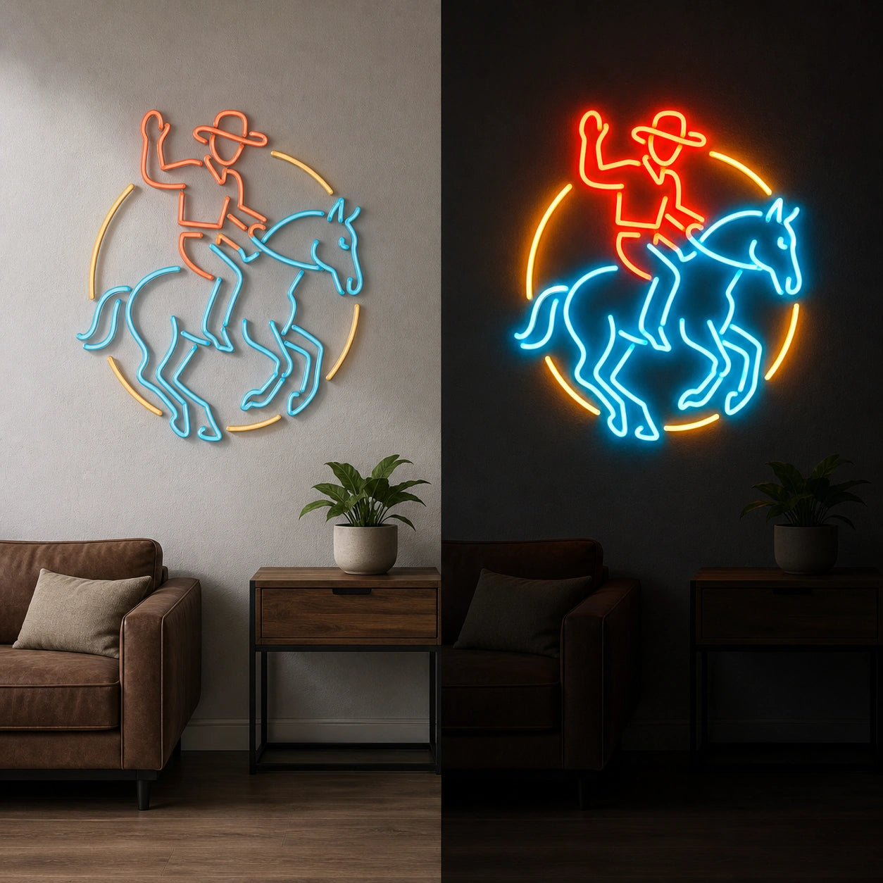 Cowboy Horse Circle Vintage LED Neon Sign day and night comparison