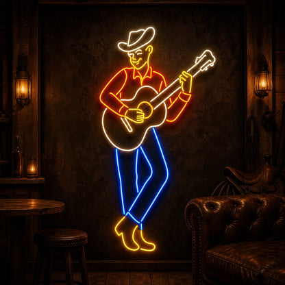 Cowboy Playing Acoustic Guitar Vintage LED Neon Sign high-converting product image