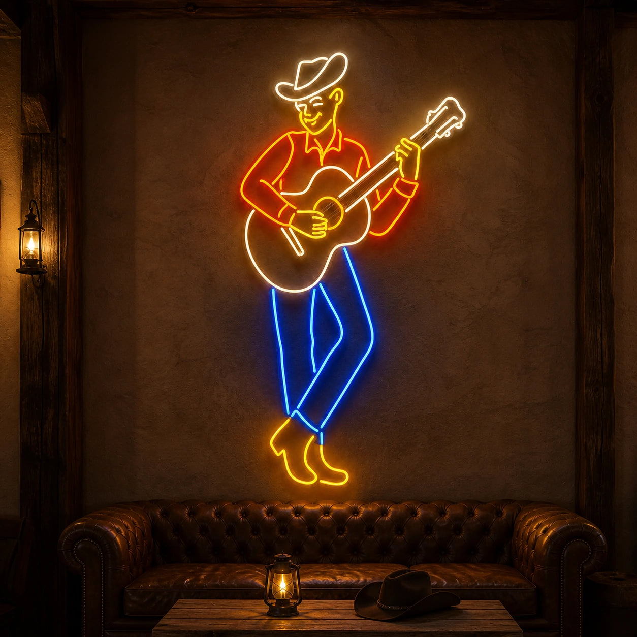 Cowboy Playing Acoustic Guitar Vintage LED Neon Sign real lifestyle scene