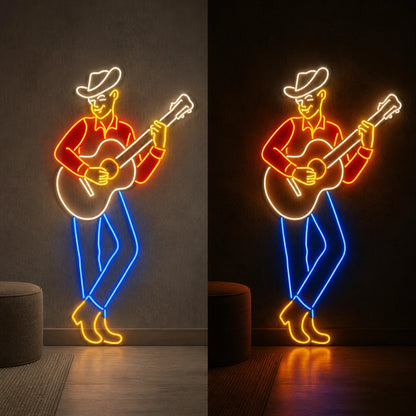 Cowboy Playing Acoustic Guitar Vintage LED Neon Sign day and night comparison