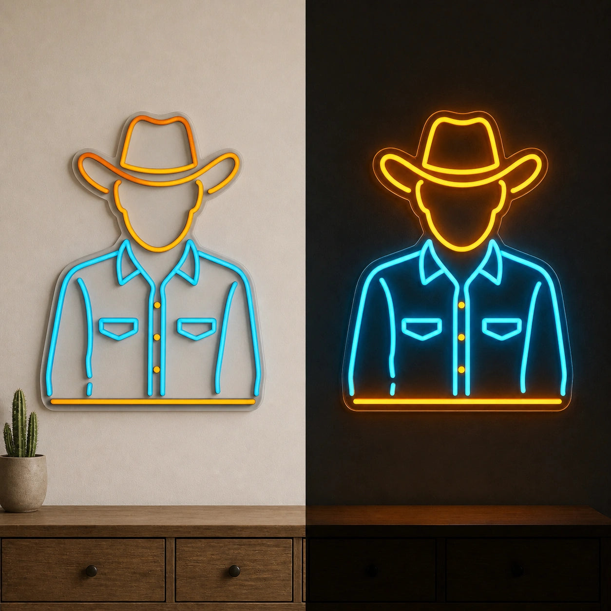 Cowboy Portrait Shirt Hat Vintage LED Neon Sign day and night comparison