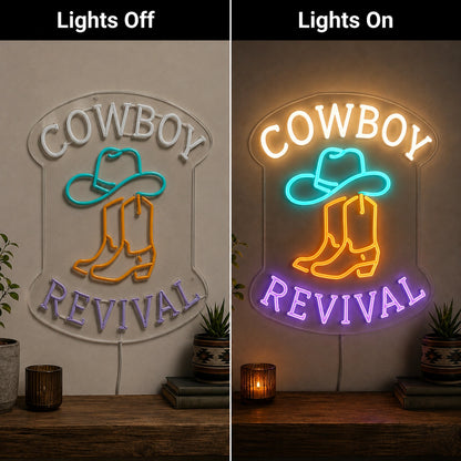 Cowboy Revival LED Neon Sign Man Cave Neon Sign day and night comparison