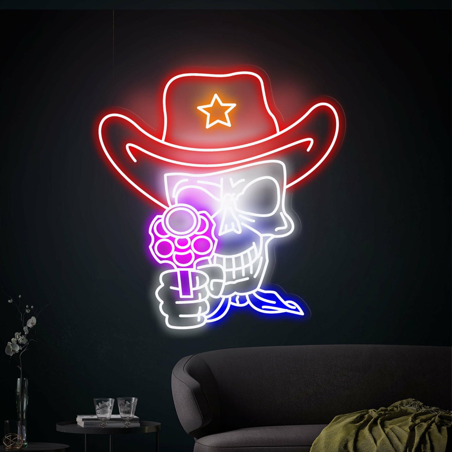 Cowboy Skull Neon Sign Skull And Revolver Neon Lights Decor | Shineneon