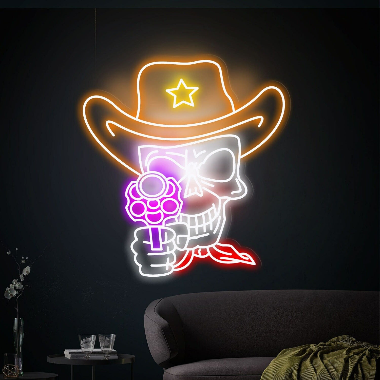 Cowboy Skull Neon Sign Skull And Revolver Neon Lights Decor | Shineneon