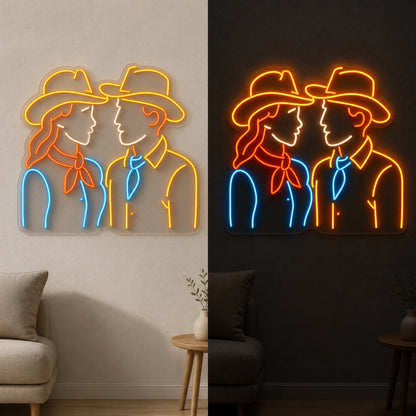 Cowgirl And Cowboy Vintage LED Neon Sign day and night comparison
