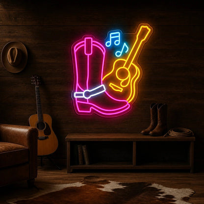 Cowgirl Boot Guitar Chair Scene Vintage LED Neon Sign - Shineneon
