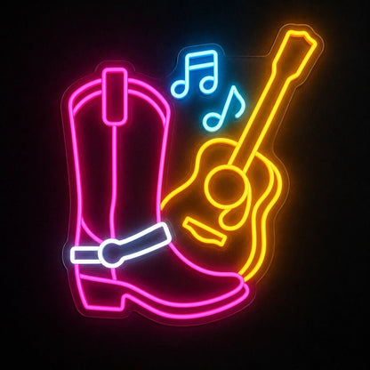 Cowgirl Boot Guitar Chair Scene Vintage LED Neon Sign - Shineneon