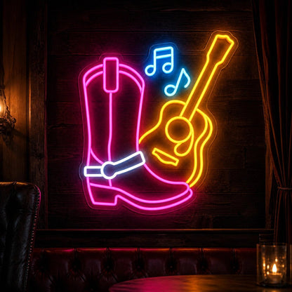 Cowgirl Boot Guitar Chair Scene Vintage LED Neon Sign - Shineneon