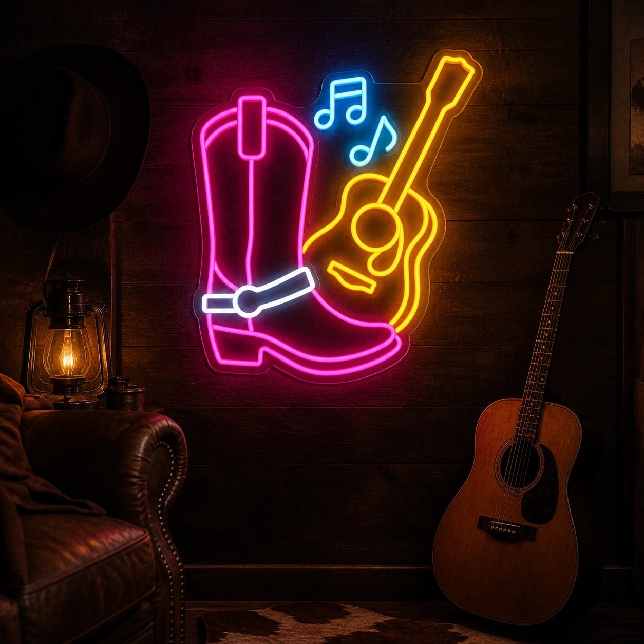 Cowgirl Boot Guitar Chair Scene Vintage LED Neon Sign - Shineneon
