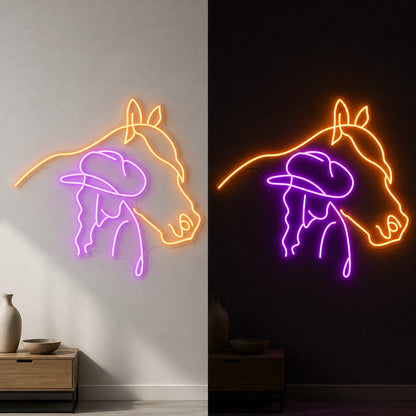 Cowgirl Horse Head Vintage LED Neon Sign day and night comparison