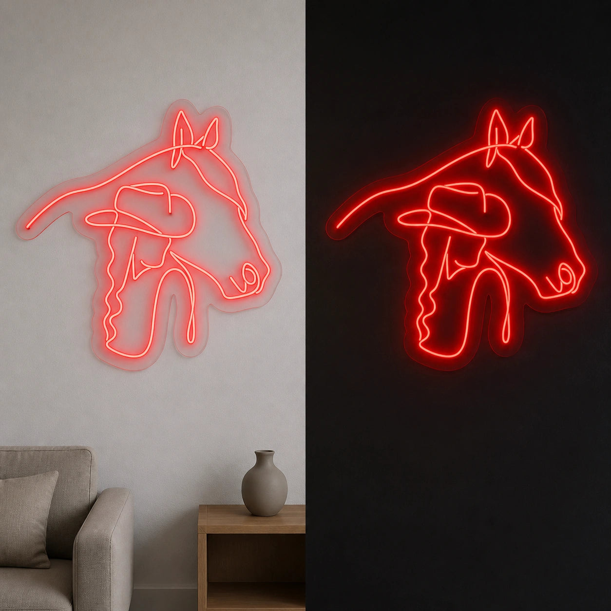 Cowgirl Horse Line Art Vintage LED Neon Sign day and night comparison