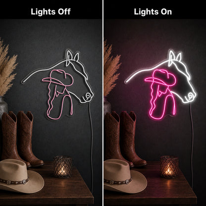 Cowgirl Horse Neon Sign LED Neon Sign day and night comparison