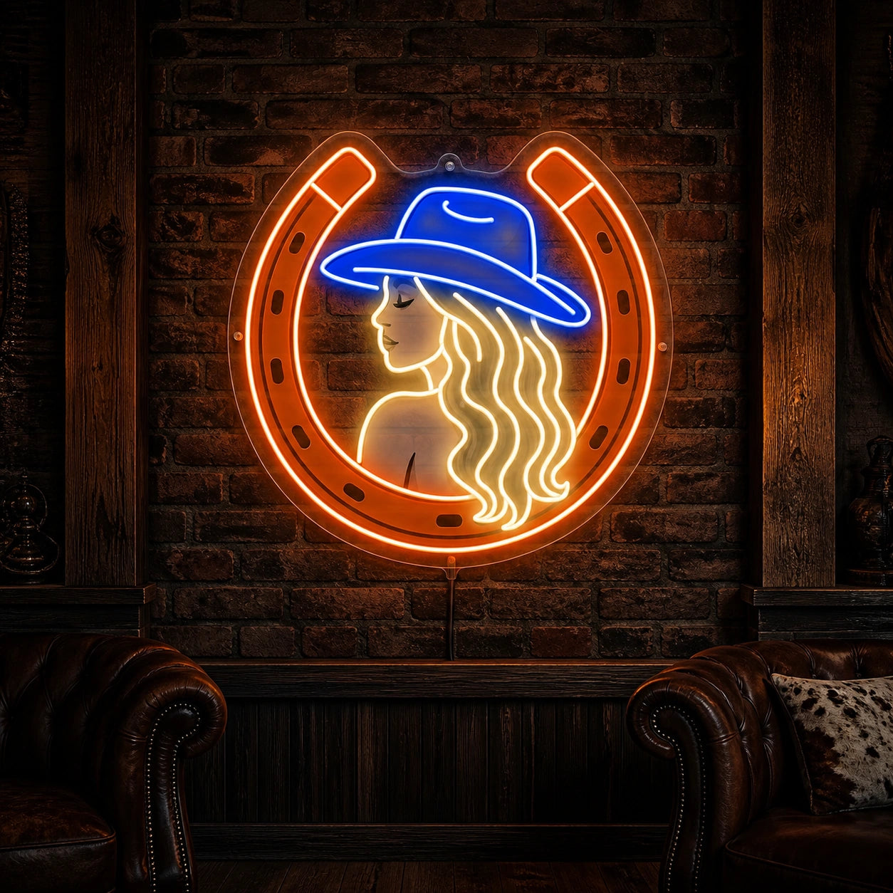 Cowgirl Horseshoe Brick Wall Vintage LED Neon Sign high-converting product image