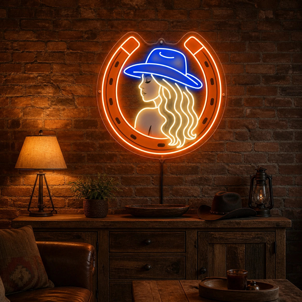 Cowgirl Horseshoe Brick Wall Vintage LED Neon Sign real lifestyle scene
