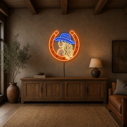 Cowgirl Horseshoe Brick Wall Vintage LED Neon Sign size image
