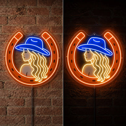 Cowgirl Horseshoe Brick Wall Vintage LED Neon Sign day and night comparison