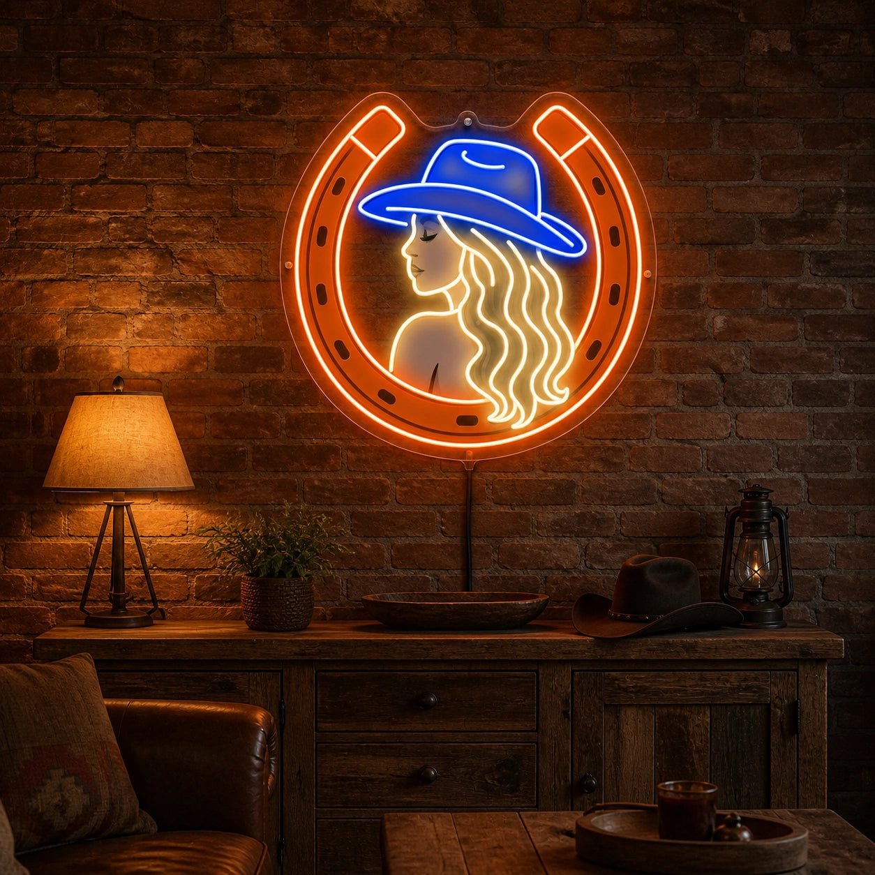 Cowgirl Horseshoe Brick Wall Vintage LED Neon Sign - Shineneon