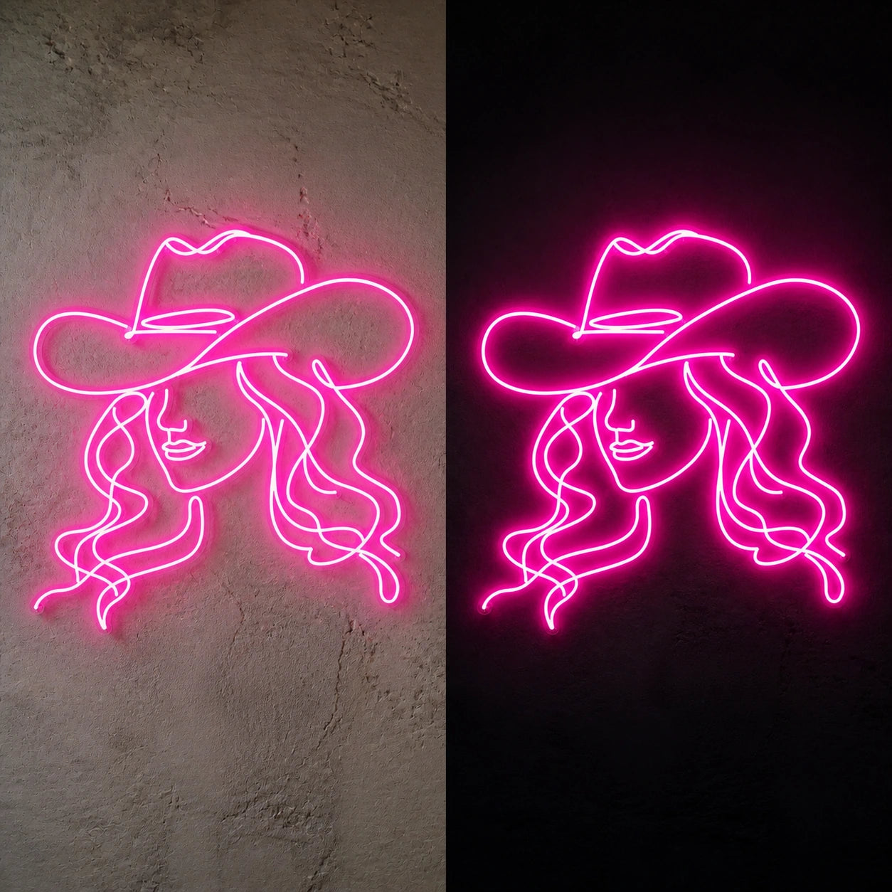 Cowgirl Portrait Hat Vintage LED Neon Sign day and night comparison