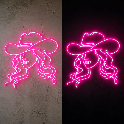 Cowgirl Portrait Hat Vintage LED Neon Sign day and night comparison