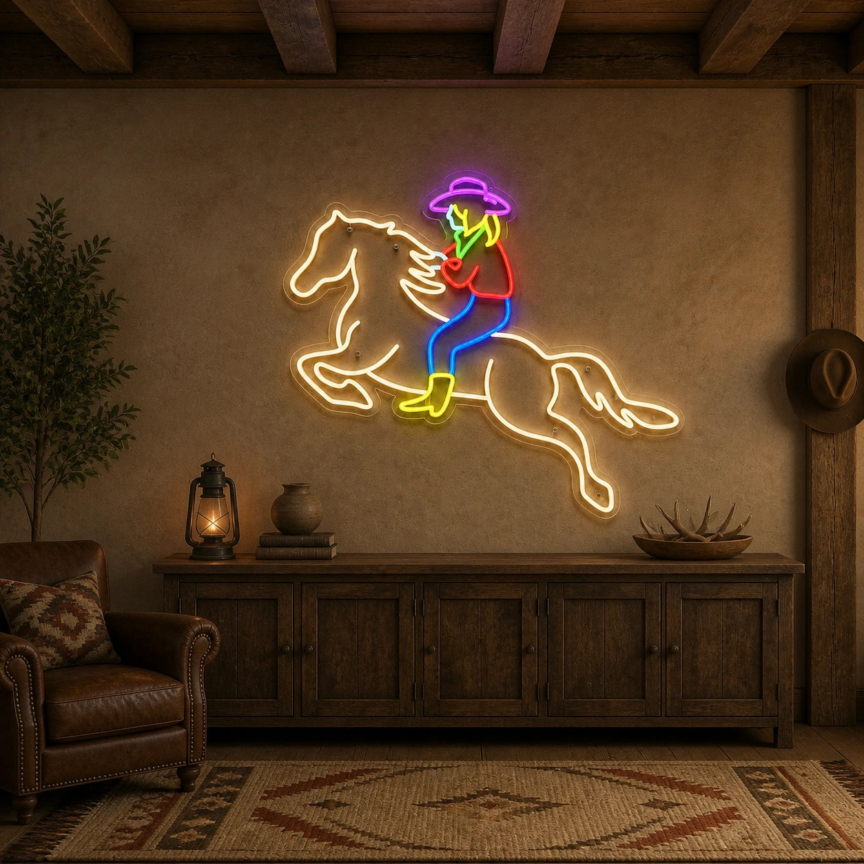 Cowgirl Riding Horse Vintage LED Neon Sign size image