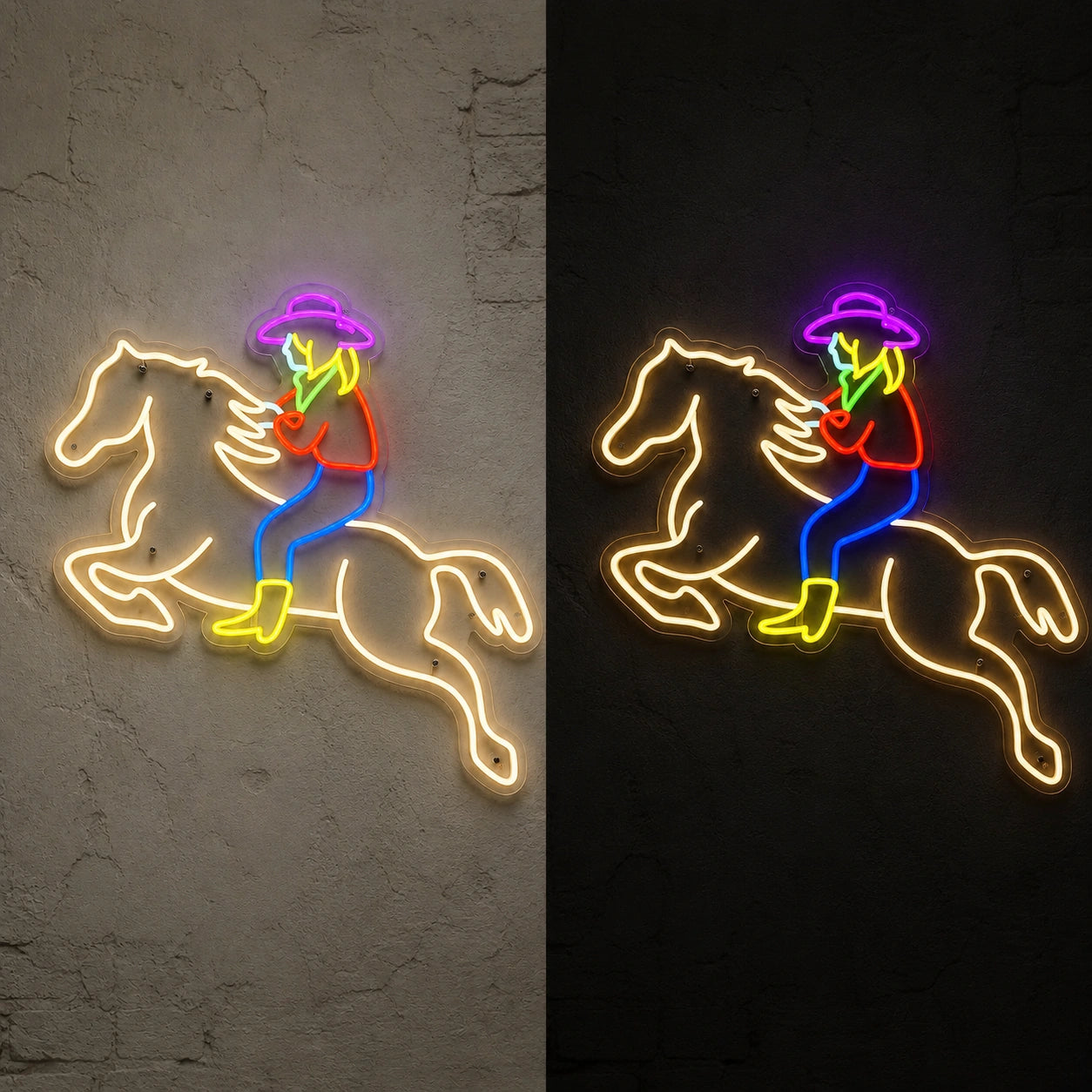 Cowgirl Riding Horse Vintage LED Neon Sign day and night comparison
