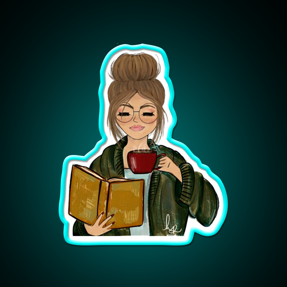 Cozy Fall Girl With Book And Coffee Cafe Led Neon Sign Espresso Bar Art Rgb Color