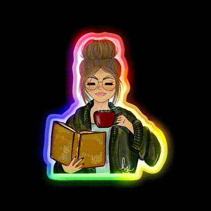 Cozy Fall Girl With Book And Coffee Cafe Led Neon Sign Espresso Bar Art Rgb Color