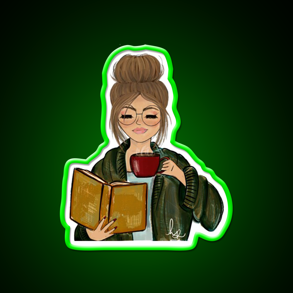 Cozy Fall Girl With Book And Coffee Cafe Led Neon Sign Espresso Bar Art Rgb Color