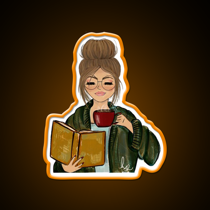 Cozy Fall Girl With Book And Coffee Cafe Led Neon Sign Espresso Bar Art Rgb Color