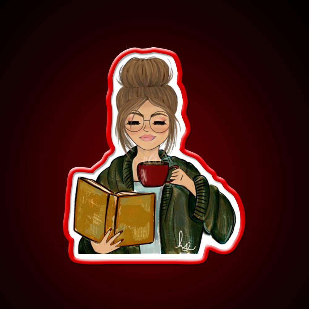 Cozy Fall Girl With Book And Coffee Cafe Led Neon Sign Espresso Bar Art Rgb Color
