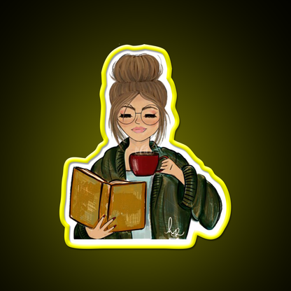 Cozy Fall Girl With Book And Coffee Cafe Led Neon Sign Espresso Bar Art Rgb Color