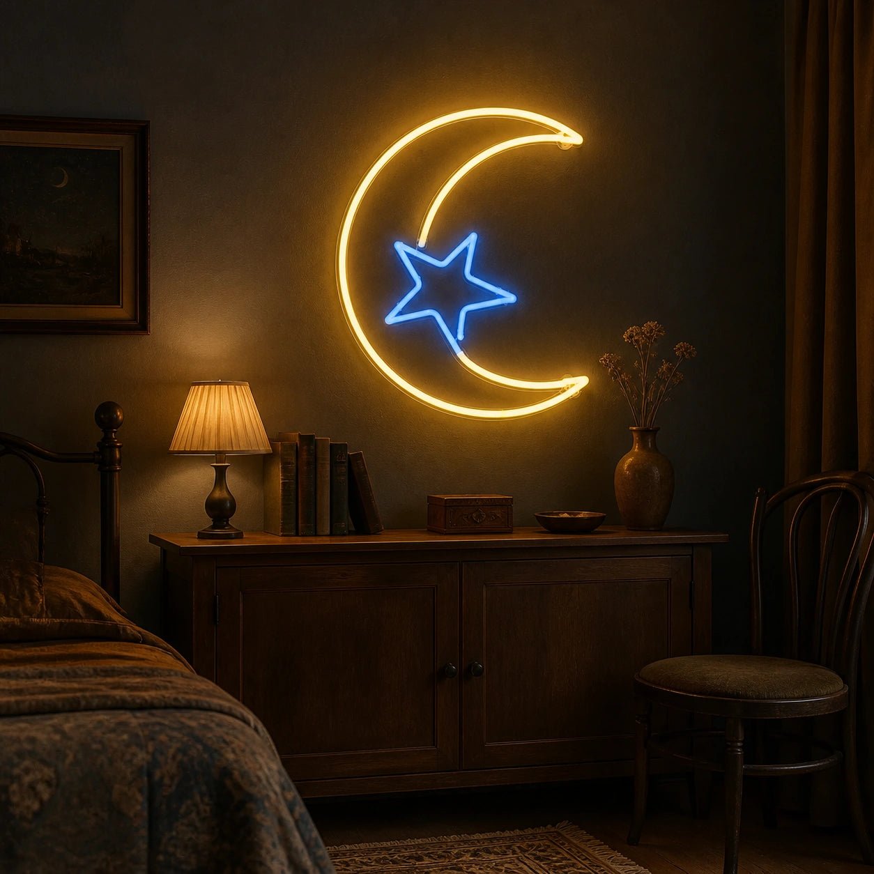 Crescent Moon Center Star Vintage LED Neon Sign - Shineneon