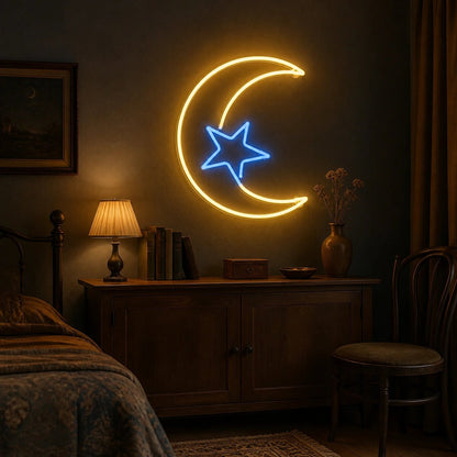 Crescent Moon Center Star Vintage LED Neon Sign - Shineneon