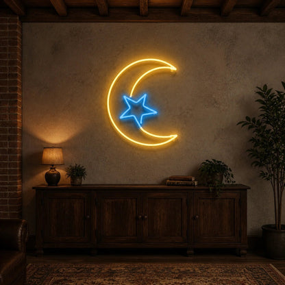 Crescent Moon Center Star Vintage LED Neon Sign - Shineneon