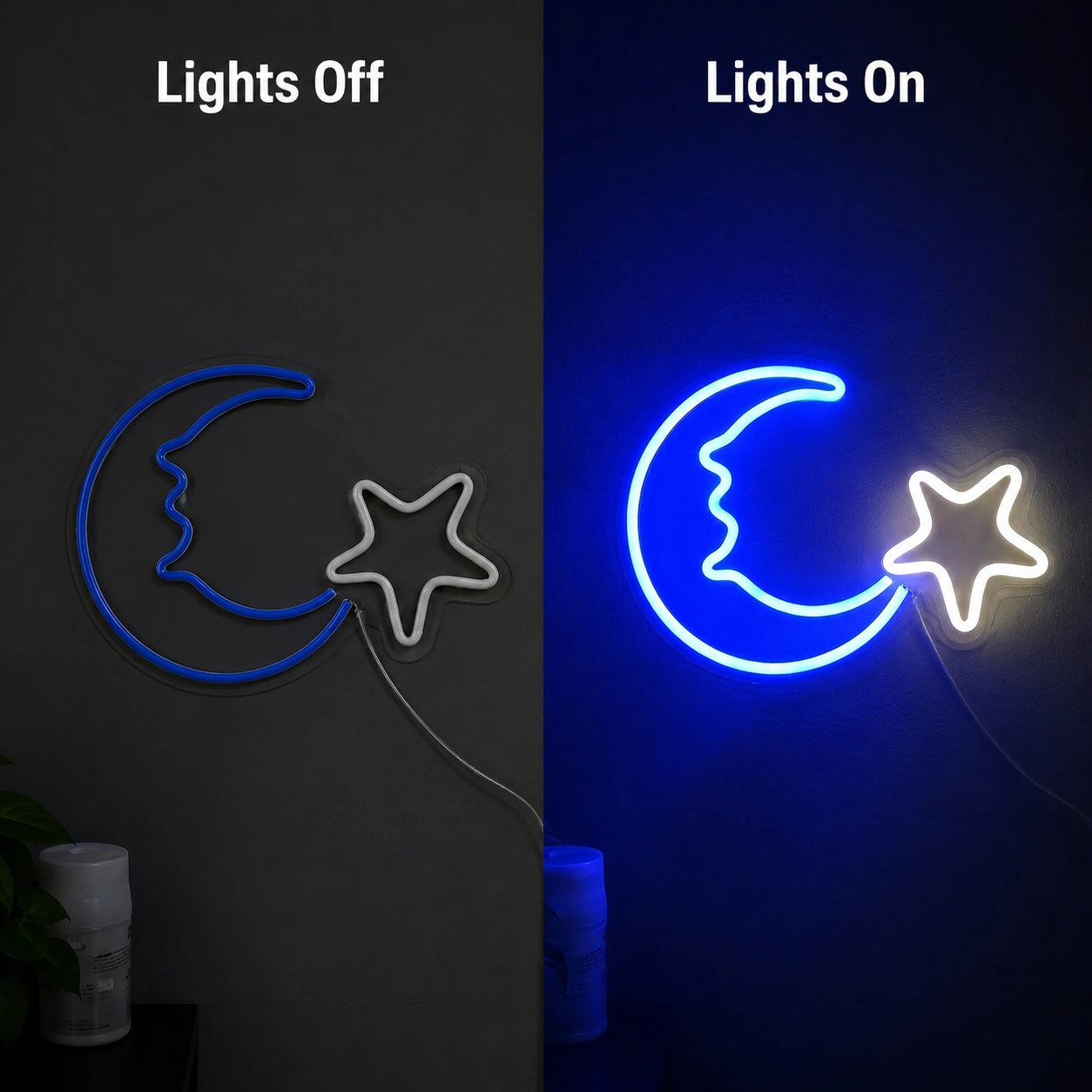 Crescent Moon Star Neon Sign LED Neon Sign day and night comparison