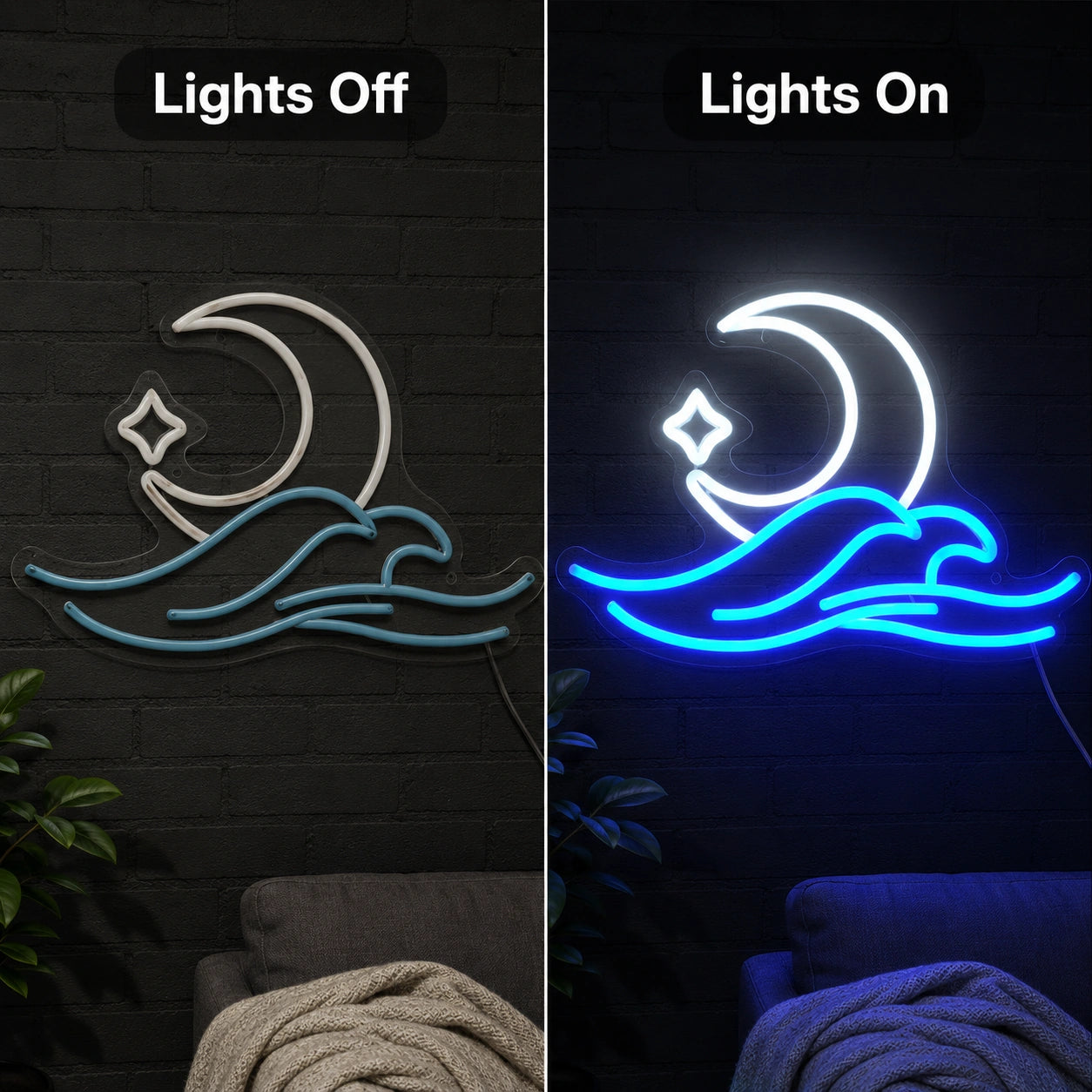 Crescent Wave Neon Sign LED Neon Sign day and night comparison