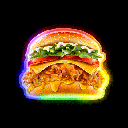 Crispy Chicken Burger With Melted Cheese Snack Food Led Neon Sign Rgb Color - LED neon sign close-up detail