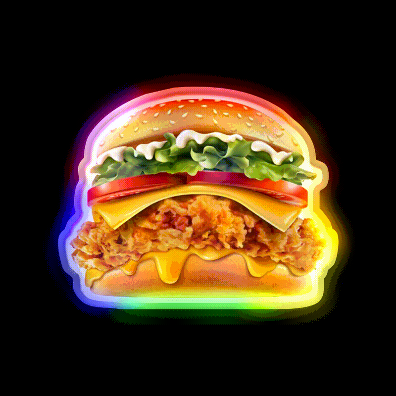 Crispy Chicken Burger With Melted Cheese Snack Food Led Neon Sign Rgb Color - LED neon sign close-up detail