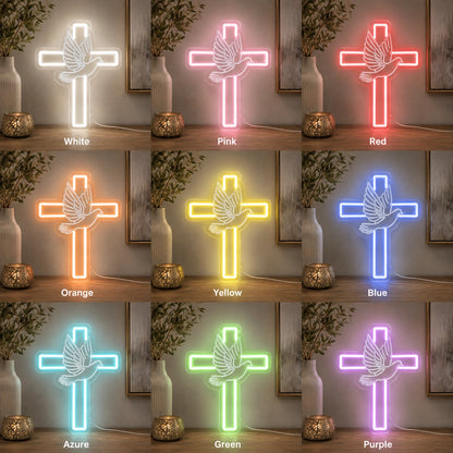 Cross And Dove LED Neon Sign day and night comparison